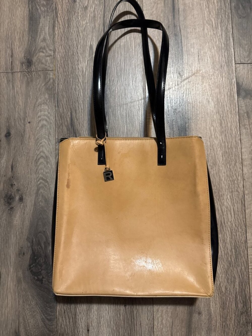 Y2K Ralph Lauren Tan Leather Tote Bag Black Handles & Gold "R" Charm